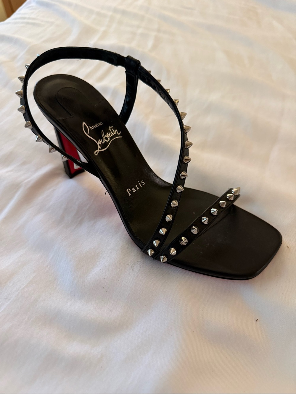 Christian Louboutin Black Leather Studded Slingback Heels - Picture 3 of 6